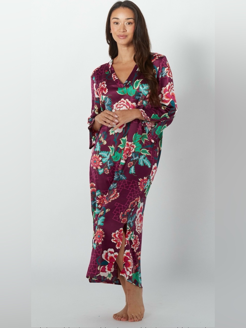 Natori Floral Satin Caftan Lounge Dress Small New Maxi Resort Luxe Modern Boho